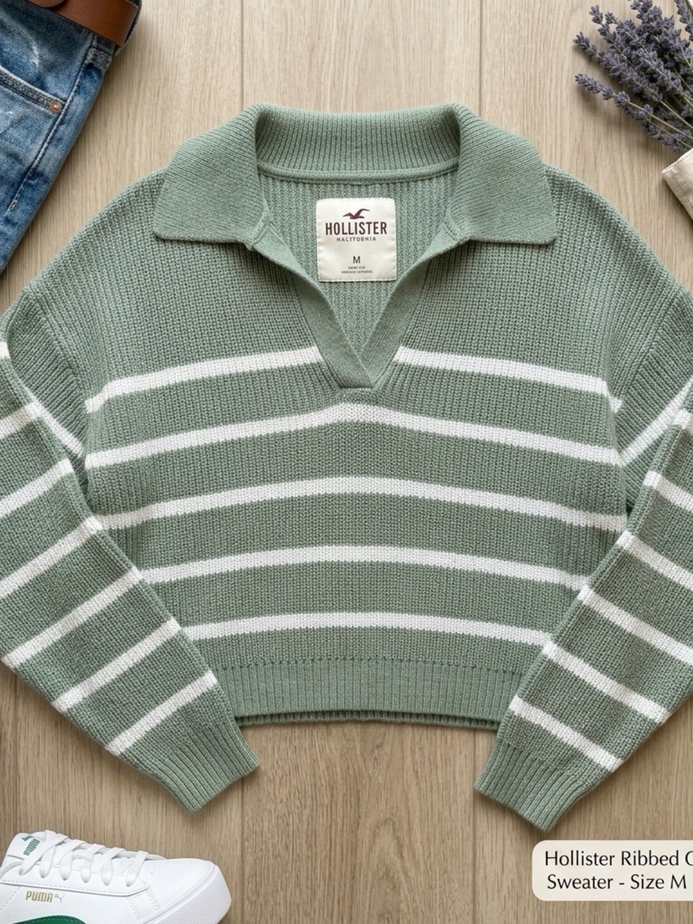 Hollister Sage Green and White Striped V-Neck Collared Sweater